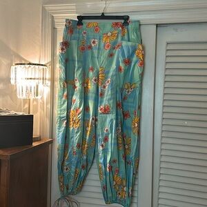 Free People Floral Print Pants - Blue and Yellow